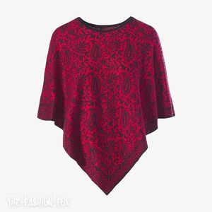 Chico's Knit Red Black Paisley Sparkle Triangle Poncho Shawl Sweater S/M NWT